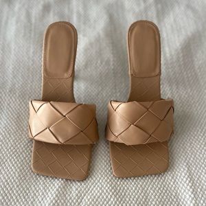 Woven Square Toe Sandal Heels — Tan